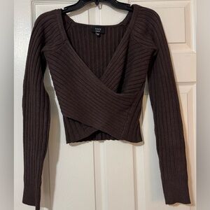 Vici Chocolate Ribbed Faux Wrap Sweater - Cropped